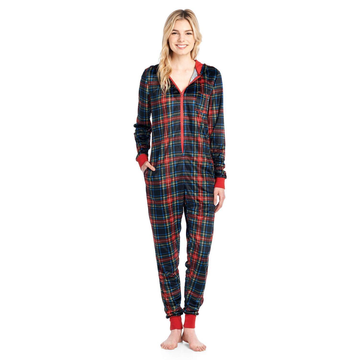 1309 Fleece Hooded One Piece Pajama - Black Stewart Plaid - X-Large